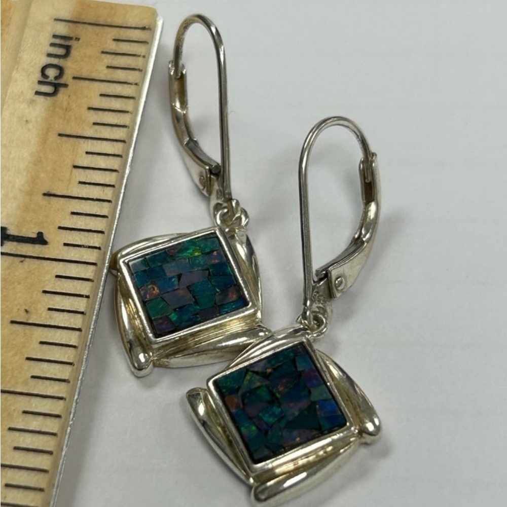 Vintage sterling silver Whitney Kelly Opal Mosaic square drop earrings - Picture 7 of 13